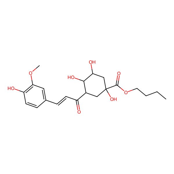 2D Structure of butyl (1R,3R,4S,5R)-1,3,4-trihydroxy-5-[(E)-3-(4-hydroxy-3-methoxyphenyl)prop-2-enoyl]cyclohexane-1-carboxylate