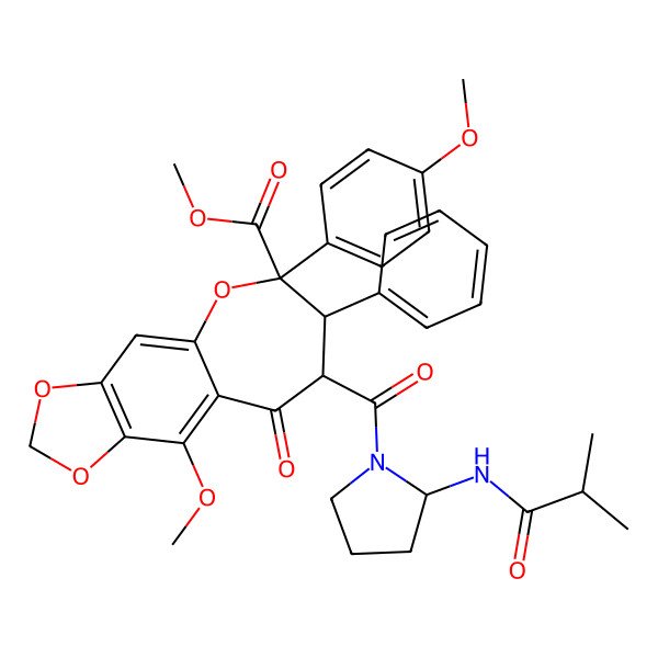 2D Structure of Methyl 10-methoxy-6-(4-methoxyphenyl)-8-[2-(2-methylpropanoylamino)pyrrolidine-1-carbonyl]-9-oxo-7-phenyl-7,8-dihydro-[1,3]dioxolo[4,5-h][1]benzoxepine-6-carboxylate