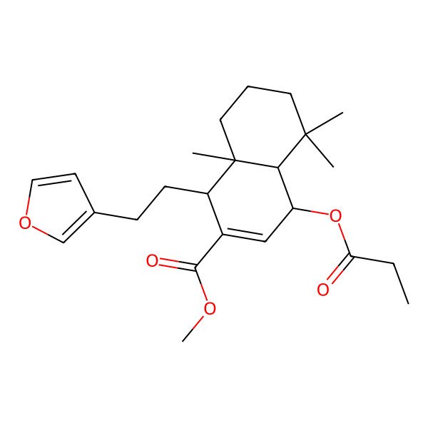 2D Structure of methyl (1R,4R,4aS,8aR)-1-[2-(furan-3-yl)ethyl]-5,5,8a-trimethyl-4-propanoyloxy-1,4,4a,6,7,8-hexahydronaphthalene-2-carboxylate