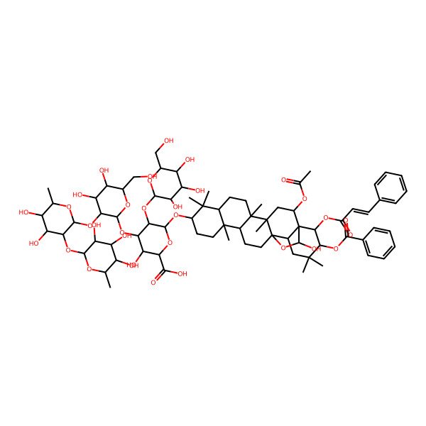 2D Structure of (3S,5S,6R)-6-[[(1R,2R,4S,5R,10S,13R,17S,21R,22R,23S)-2-acetyloxy-21-benzoyloxy-23-hydroxy-4,5,9,9,13,20,20-heptamethyl-22-[(E)-3-phenylprop-2-enoyl]oxy-24-oxahexacyclo[15.5.2.01,18.04,17.05,14.08,13]tetracosan-10-yl]oxy]-4-[(2S,3S,5R)-3-[(4S,6S)-4,5-dihydroxy-6-methyl-3-[(3S,5R,6S)-3,4,5-trihydroxy-6-methyloxan-2-yl]oxyoxan-2-yl]oxy-4,5-dihydroxy-6-(hydroxymethyl)oxan-2-yl]oxy-3-hydroxy-5-[(2S,3S,5S)-3,4,5-trihydroxy-6-(hydroxymethyl)oxan-2-yl]oxyoxane-2-carboxylic acid