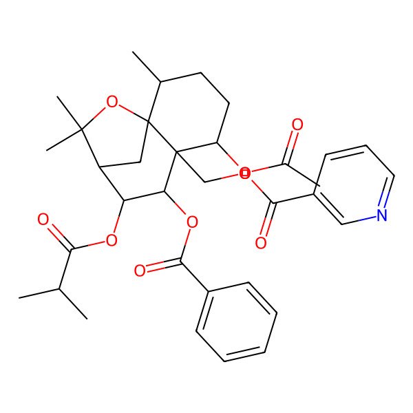 2D Structure of [(1S,2R,5S,6S,7S,8S,9S)-5-acetyloxy-7-benzoyloxy-2,10,10-trimethyl-8-(2-methylpropanoyloxy)-11-oxatricyclo[7.2.1.01,6]dodecan-6-yl]methyl pyridine-3-carboxylate