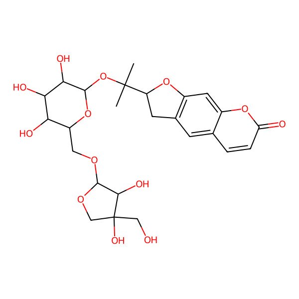 2D Structure of (2S)-2-[2-[(2S,3R,4S,5S,6R)-6-[[(2R,3R,4R)-3,4-dihydroxy-4-(hydroxymethyl)oxolan-2-yl]oxymethyl]-3,4,5-trihydroxyoxan-2-yl]oxypropan-2-yl]-2,3-dihydrofuro[3,2-g]chromen-7-one