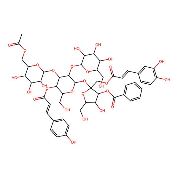 2D Structure of [2-[4-[6-(Acetyloxymethyl)-3,4,5-trihydroxyoxan-2-yl]oxy-6-(hydroxymethyl)-5-[3-(4-hydroxyphenyl)prop-2-enoyloxy]-3-[3,4,5-trihydroxy-6-(hydroxymethyl)oxan-2-yl]oxyoxan-2-yl]oxy-2-[3-(3,4-dihydroxyphenyl)prop-2-enoyloxymethyl]-4-hydroxy-5-(hydroxymethyl)oxolan-3-yl] benzoate
