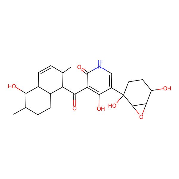 2D Structure of 5-(2,5-dihydroxy-7-oxabicyclo[4.1.0]heptan-2-yl)-4-hydroxy-3-(5-hydroxy-2,6-dimethyl-1,2,4a,5,6,7,8,8a-octahydronaphthalene-1-carbonyl)-1H-pyridin-2-one