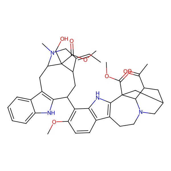 2D Structure of methyl (1S,15R,17S,18S)-17-acetyl-5-[(1S,12R,14S,15E,18S)-15-ethylidene-18-(hydroxymethyl)-18-methoxycarbonyl-17-methyl-10,17-diazatetracyclo[12.3.1.03,11.04,9]octadeca-3(11),4,6,8-tetraen-12-yl]-6-methoxy-3,13-diazapentacyclo[13.3.1.02,10.04,9.013,18]nonadeca-2(10),4(9),5,7-tetraene-1-carboxylate