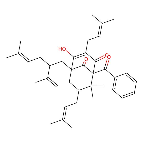 2D Structure of (7S)-1-benzoyl-4-hydroxy-8,8-dimethyl-3,7-bis(3-methylbut-2-enyl)-5-(5-methyl-2-prop-1-en-2-ylhex-4-enyl)bicyclo[3.3.1]non-3-ene-2,9-dione