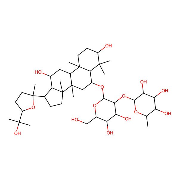 2D Structure of (2S,3R,4R,5R,6S)-2-[(2R,3R,4S,5S,6R)-2-[[(3S,5R,6S,8R,9R,10R,12R,13S,14R,17S)-3,12-dihydroxy-17-[(2S,5S)-5-(2-hydroxypropan-2-yl)-2-methyloxolan-2-yl]-4,4,8,10,14-pentamethyl-2,3,5,6,7,9,11,12,13,15,16,17-dodecahydro-1H-cyclopenta[a]phenanthren-6-yl]oxy]-4,5-dihydroxy-6-(hydroxymethyl)oxan-3-yl]oxy-6-methyloxane-3,4,5-triol