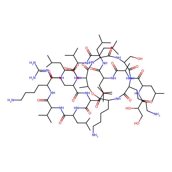 2D Structure of 6-amino-N-[1-[[3,6-bis(4-aminobutyl)-9-(hydroxymethyl)-16-methyl-12-(2-methylpropyl)-2,5,8,11,14-pentaoxo-1-oxa-4,7,10,13-tetrazacyclohexadec-15-yl]amino]-4-methyl-1-oxopentan-2-yl]-2-[[2-[[2-[[2-[[5-(diaminomethylideneamino)-2-[[2-[[2-[[2-[2-[[2-(2,3-dihydroxypropanoylamino)-4-methylpentanoyl]amino]propanoylamino]-4-methylpentanoyl]amino]-4-methylpentanoyl]amino]-3-methylbutanoyl]amino]pentanoyl]amino]-4-methylpentanoyl]amino]-4-methylpentanoyl]amino]-3-methylbutanoyl]amino]hexanamide