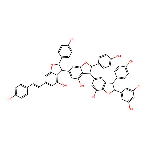 2D Structure of 5-[7-Hydroxy-5-[4-hydroxy-6-[4-hydroxy-2-(4-hydroxyphenyl)-6-[2-(4-hydroxyphenyl)ethenyl]-2,3-dihydro-1-benzofuran-3-yl]-2-(4-hydroxyphenyl)-2,3-dihydro-1-benzofuran-3-yl]-3-(4-hydroxyphenyl)-2,3-dihydro-1-benzofuran-2-yl]benzene-1,3-diol