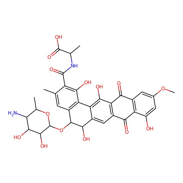 2D Structure of 2-[[(5S,6S)-5-(5-amino-3,4-dihydroxy-6-methyloxan-2-yl)oxy-1,6,9,14-tetrahydroxy-11-methoxy-3-methyl-8,13-dioxo-5,6-dihydrobenzo[a]tetracene-2-carbonyl]amino]propanoic acid