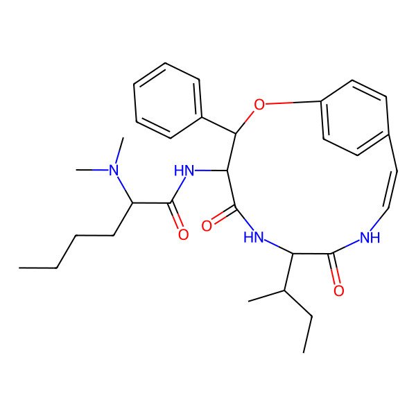 2D Structure of (2R)-N-[(3R,4R,7R,10E)-7-[(2S)-butan-2-yl]-5,8-dioxo-3-phenyl-2-oxa-6,9-diazabicyclo[10.2.2]hexadeca-1(14),10,12,15-tetraen-4-yl]-2-(dimethylamino)hexanamide