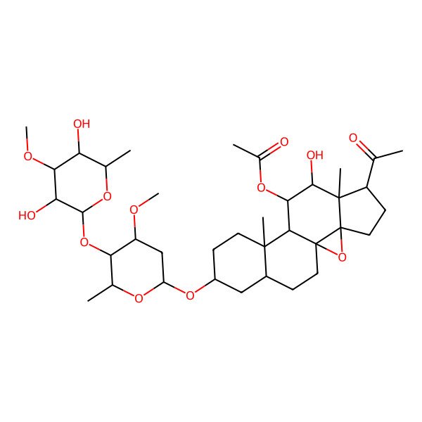 2D Structure of [(1S,3R,6S,7S,8S,9S,10S,11S,14S,16S)-6-acetyl-14-[(2R,4R,5R,6R)-5-[(2S,3R,4R,5R,6R)-3,5-dihydroxy-4-methoxy-6-methyloxan-2-yl]oxy-4-methoxy-6-methyloxan-2-yl]oxy-8-hydroxy-7,11-dimethyl-2-oxapentacyclo[8.8.0.01,3.03,7.011,16]octadecan-9-yl] acetate