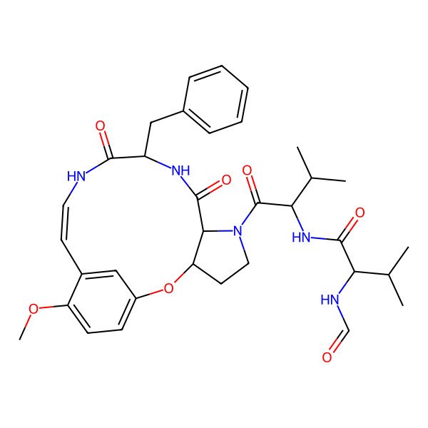 2D Structure of N-[1-[(13Z)-10-benzyl-16-methoxy-8,11-dioxo-2-oxa-6,9,12-triazatricyclo[13.3.1.03,7]nonadeca-1(19),13,15,17-tetraen-6-yl]-3-methyl-1-oxobutan-2-yl]-2-formamido-3-methylbutanamide