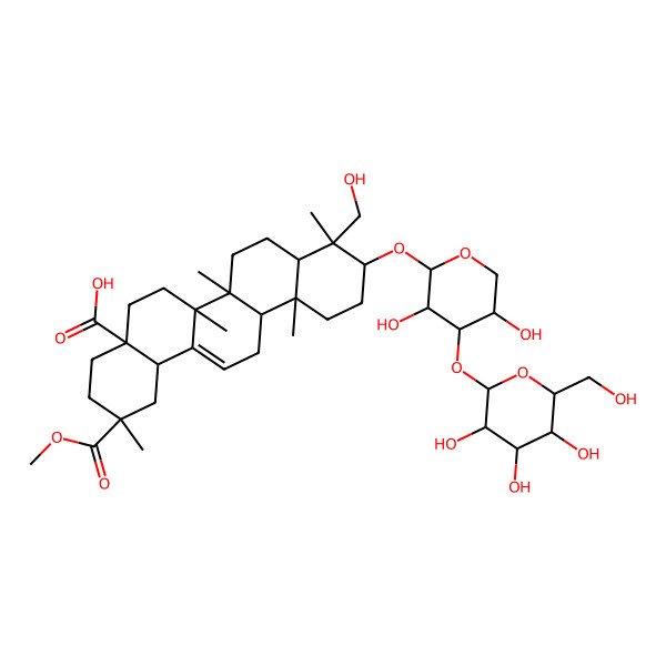 2D Structure of (2S,4aR,6aR,6aS,6bR,8aR,9S,10S,12aR,14bS)-10-[(2S,3R,4S,5S)-3,5-dihydroxy-4-[(2S,3R,4S,5S,6R)-3,4,5-trihydroxy-6-(hydroxymethyl)oxan-2-yl]oxyoxan-2-yl]oxy-9-(hydroxymethyl)-2-methoxycarbonyl-2,6a,6b,9,12a-pentamethyl-1,3,4,5,6,6a,7,8,8a,10,11,12,13,14b-tetradecahydropicene-4a-carboxylic acid