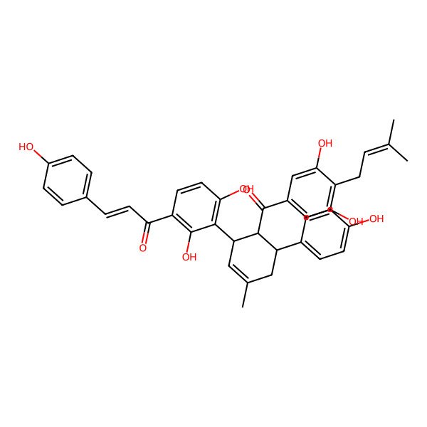 2D Structure of 1-[3-[6-[3,5-Dihydroxy-4-(3-methylbut-2-enyl)benzoyl]-5-(4-hydroxyphenyl)-3-methylcyclohex-2-en-1-yl]-2,4-dihydroxyphenyl]-3-(4-hydroxyphenyl)prop-2-en-1-one