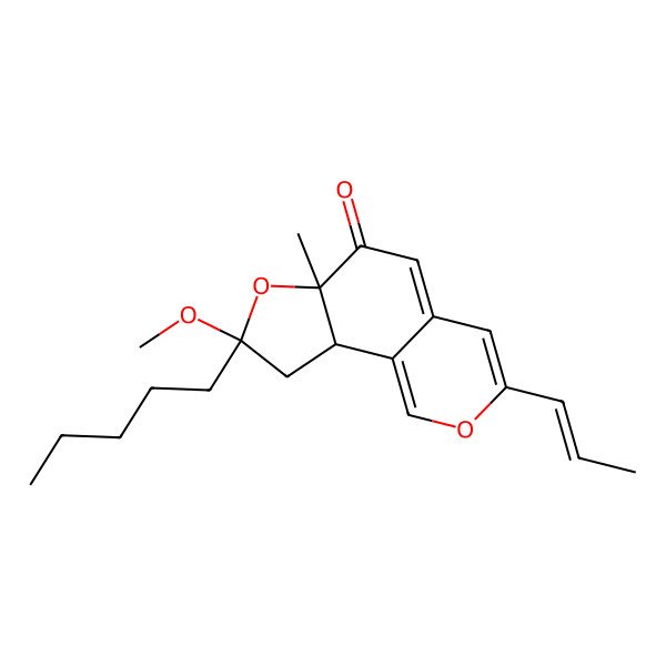 2D Structure of (6aR,8S,9aR)-8-methoxy-6a-methyl-8-pentyl-3-[(E)-prop-1-enyl]-9,9a-dihydrofuro[2,3-h]isochromen-6-one