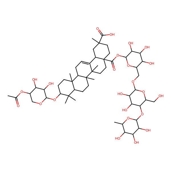 2D Structure of (2R,4aR,6aS,6aR,6bR,8aS,10R,12aS,14bS)-10-[(2R,3S,4S,5S)-5-acetyloxy-3,4-dihydroxyoxan-2-yl]oxy-4a-[(2R,3S,4R,5R,6S)-6-[[(2S,3S,4S,5R,6S)-3,4-dihydroxy-6-(hydroxymethyl)-5-[(2R,3S,4R,5R,6S)-3,4,5-trihydroxy-6-methyloxan-2-yl]oxyoxan-2-yl]oxymethyl]-3,4,5-trihydroxyoxan-2-yl]oxycarbonyl-2,6a,6b,9,9,12a-hexamethyl-1,3,4,5,6,6a,7,8,8a,10,11,12,13,14b-tetradecahydropicene-2-carboxylic acid