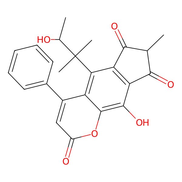2D Structure of (7R)-9-hydroxy-5-[(3S)-3-hydroxy-2-methylbutan-2-yl]-7-methyl-4-phenylcyclopenta[g]chromene-2,6,8-trione
