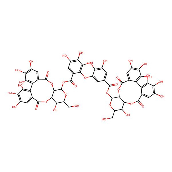2D Structure of [3,4,5,14,20,21,22-Heptahydroxy-13-(hydroxymethyl)-8,17-dioxo-9,12,16-trioxatetracyclo[16.4.0.02,7.010,15]docosa-1(22),2,4,6,18,20-hexaen-11-yl] 2-[5-[[3,4,5,14,20,21,22-heptahydroxy-13-(hydroxymethyl)-8,17-dioxo-9,12,16-trioxatetracyclo[16.4.0.02,7.010,15]docosa-1(22),2,4,6,18,20-hexaen-11-yl]oxycarbonyl]-2,3-dihydroxyphenoxy]-3,4,5-trihydroxybenzoate