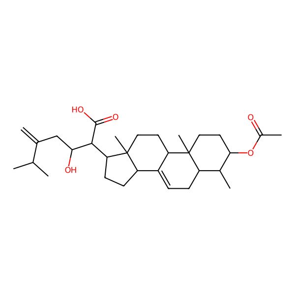 2D Structure of (2S,3S)-2-[(3S,4S,5S,9R,10S,13R,14R,17R)-3-acetyloxy-4,10,13-trimethyl-2,3,4,5,6,9,11,12,14,15,16,17-dodecahydro-1H-cyclopenta[a]phenanthren-17-yl]-3-hydroxy-6-methyl-5-methylideneheptanoic acid