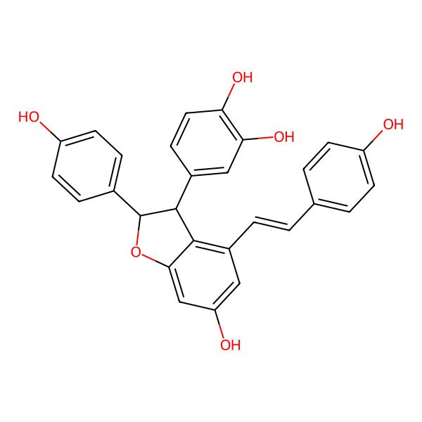2D Structure of 4-[6-Hydroxy-2-(4-hydroxyphenyl)-4-[2-(4-hydroxyphenyl)ethenyl]-2,3-dihydro-1-benzofuran-3-yl]benzene-1,2-diol