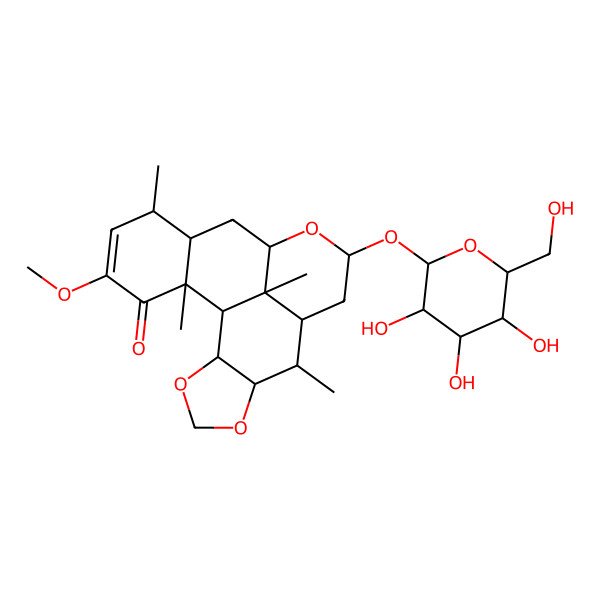 2D Structure of (1S,2S,6S,7R,8S,10S,12R,14S,15S,19S,20S)-17-methoxy-7,15,19,20-tetramethyl-10-[(2S,3R,4S,5S,6R)-3,4,5-trihydroxy-6-(hydroxymethyl)oxan-2-yl]oxy-3,5,11-trioxapentacyclo[10.7.1.02,6.08,20.014,19]icos-16-en-18-one