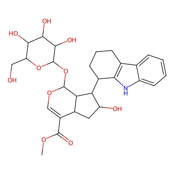 2D Structure of methyl (1S,4aR,6R,7S,7aR)-6-hydroxy-7-[(1R)-2,3,4,9-tetrahydro-1H-carbazol-1-yl]-1-[(2S,3R,4S,5S,6R)-3,4,5-trihydroxy-6-(hydroxymethyl)oxan-2-yl]oxy-1,4a,5,6,7,7a-hexahydrocyclopenta[c]pyran-4-carboxylate