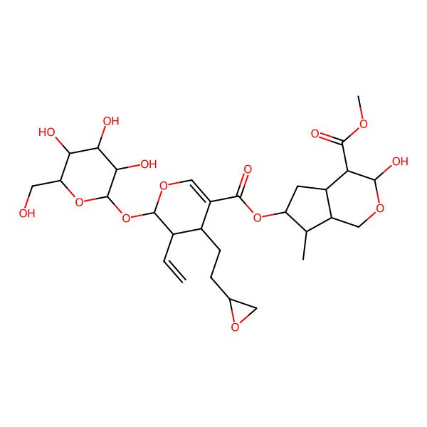 2D Structure of methyl (3R,4aS,6S,7R,7aS)-6-[(2S,3R,4S)-3-ethenyl-4-[2-(oxiran-2-yl)ethyl]-2-[(2S,3R,4S,5S,6R)-3,4,5-trihydroxy-6-(hydroxymethyl)oxan-2-yl]oxy-3,4-dihydro-2H-pyran-5-carbonyl]oxy-3-hydroxy-7-methyl-1,3,4,4a,5,6,7,7a-octahydrocyclopenta[c]pyran-4-carboxylate