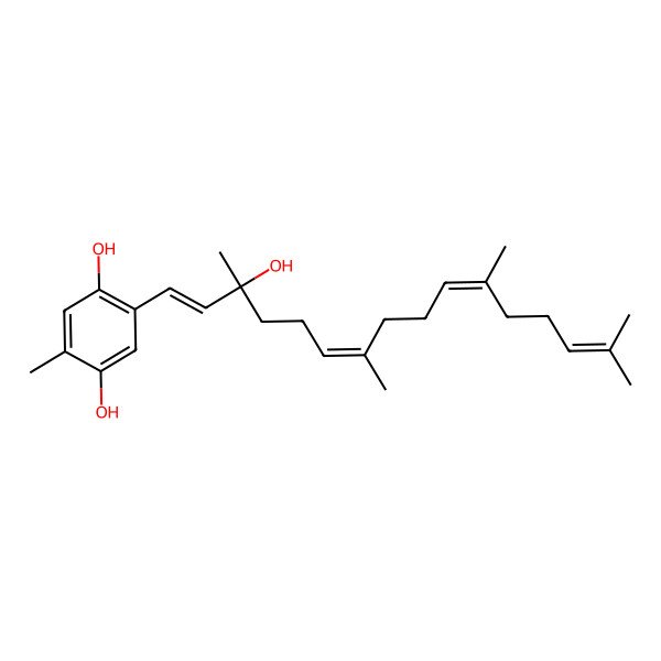 2D Structure of 2-[(1E,3S,6E,10E)-3-hydroxy-3,7,11,15-tetramethylhexadeca-1,6,10,14-tetraenyl]-5-methylbenzene-1,4-diol
