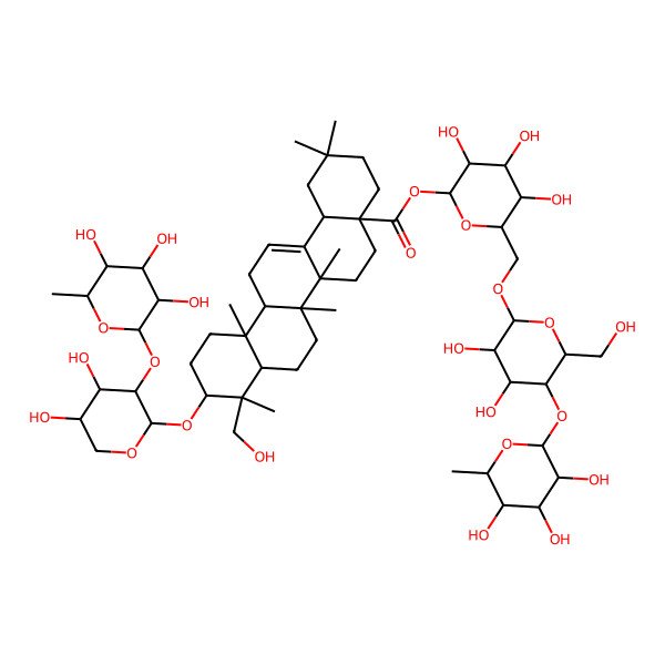 2D Structure of [(2S,3R,4S,5S,6R)-6-[[(2R,3R,4R,5S,6R)-3,4-dihydroxy-6-(hydroxymethyl)-5-[(2S,3R,4R,5R,6S)-3,4,5-trihydroxy-6-methyloxan-2-yl]oxyoxan-2-yl]oxymethyl]-3,4,5-trihydroxyoxan-2-yl] (4aS,6aR,6aS,6bR,8aR,9S,10S,12aR,14bS)-10-[(2S,3R,4S,5S)-4,5-dihydroxy-3-[(2S,3R,4R,5R,6S)-3,4,5-trihydroxy-6-methyloxan-2-yl]oxyoxan-2-yl]oxy-9-(hydroxymethyl)-2,2,6a,6b,9,12a-hexamethyl-1,3,4,5,6,6a,7,8,8a,10,11,12,13,14b-tetradecahydropicene-4a-carboxylate