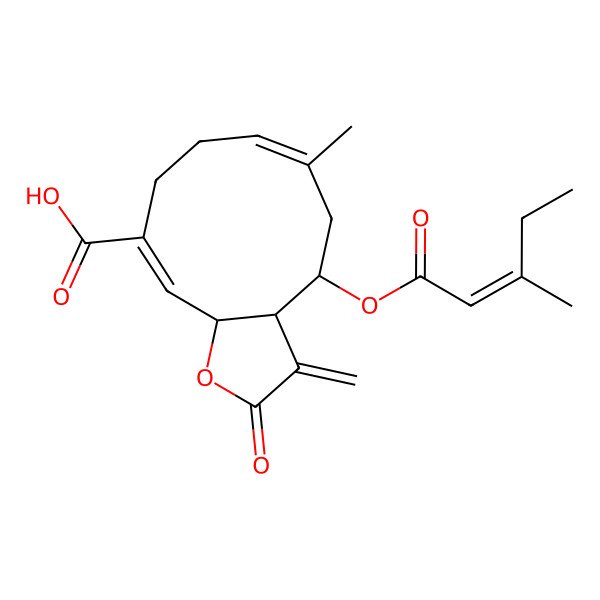 2D Structure of (3aR,4R,6E,10E,11aR)-6-methyl-3-methylidene-4-[(E)-3-methylpent-2-enoyl]oxy-2-oxo-3a,4,5,8,9,11a-hexahydrocyclodeca[b]furan-10-carboxylic acid