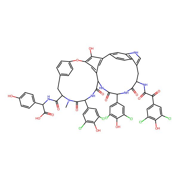 2D Structure of 2-[[(17R,20S,23R,26R,29S)-20,26-bis(3,5-dichloro-4-hydroxyphenyl)-17-[[2-(3,5-dichloro-4-hydroxyphenyl)-2-oxoacetyl]amino]-37-hydroxy-28-methyl-18,21,24,27-tetraoxo-2-oxa-13,19,22,25,28-pentazahexacyclo[29.2.2.13,7.18,12.05,23.011,15]heptatriaconta-1(33),3,5,7(37),8(36),9,11,14,31,34-decaene-29-carbonyl]amino]-2-(4-hydroxyphenyl)acetic acid