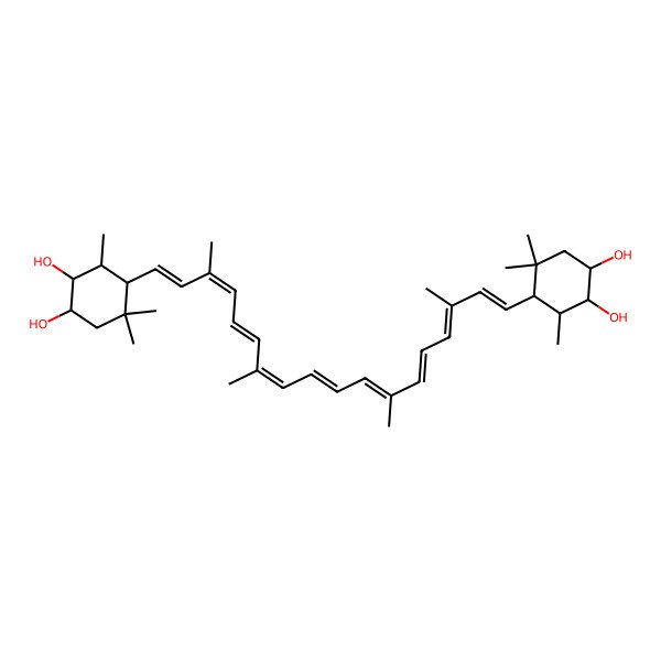 2D Structure of (1S,2R,3S,4S)-4-[(1E,3E,5E,7E,9E,11E,13E,15E,17E)-18-[(1S,4S,5R,6S)-4,5-dihydroxy-2,2,6-trimethylcyclohexyl]-3,7,12,16-tetramethyloctadeca-1,3,5,7,9,11,13,15,17-nonaenyl]-3,5,5-trimethylcyclohexane-1,2-diol