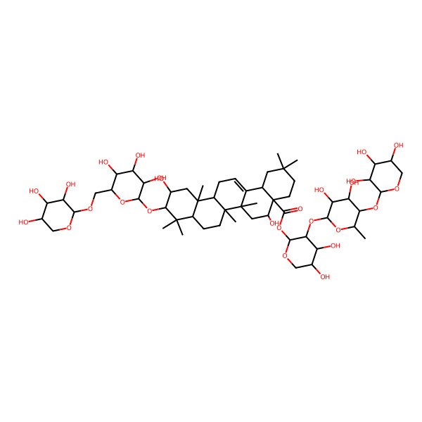 2D Structure of [3-[3,4-Dihydroxy-6-methyl-5-(3,4,5-trihydroxyoxan-2-yl)oxyoxan-2-yl]oxy-4,5-dihydroxyoxan-2-yl] 5,11-dihydroxy-2,2,6a,6b,9,9,12a-heptamethyl-10-[3,4,5-trihydroxy-6-[(3,4,5-trihydroxyoxan-2-yl)oxymethyl]oxan-2-yl]oxy-1,3,4,5,6,6a,7,8,8a,10,11,12,13,14b-tetradecahydropicene-4a-carboxylate