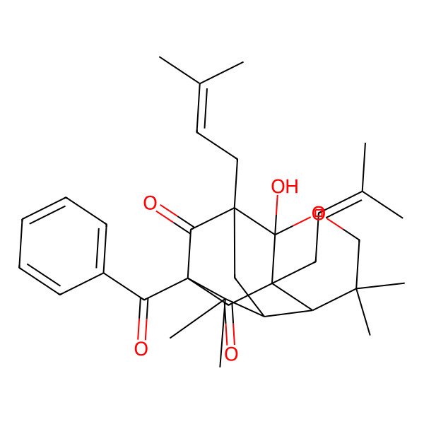 2D Structure of (1S,2S,6S,7R,9S,11S)-9-benzoyl-2-hydroxy-5,5,10,10-tetramethyl-1,7-bis(3-methylbut-2-enyl)-3-oxatetracyclo[7.3.1.02,7.06,11]tridecane-8,13-dione