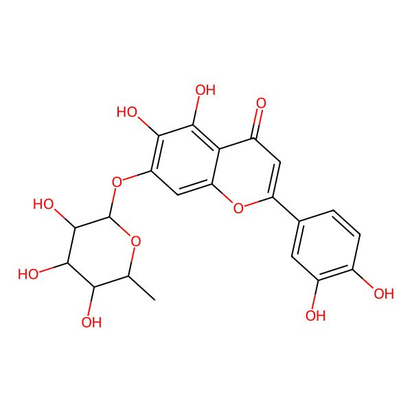2D Structure of 2-(3,4-dihydroxyphenyl)-5,6-dihydroxy-7-[(2S,3R,4S,5R,6S)-3,4,5-trihydroxy-6-methyloxan-2-yl]oxychromen-4-one