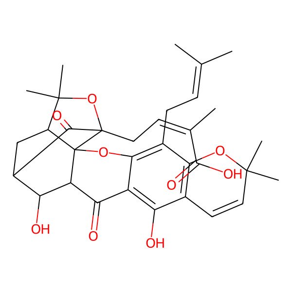 2D Structure of (Z)-4-[(1S,2S,15S,16S,17S,19R)-12,16-dihydroxy-8,8,21,21-tetramethyl-5-(3-methylbut-2-enyl)-14,18-dioxo-3,7,20-trioxahexacyclo[15.4.1.02,15.02,19.04,13.06,11]docosa-4(13),5,9,11-tetraen-19-yl]-2-methylbut-2-enoic acid