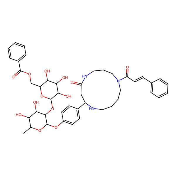 2D Structure of [(2R,3R,4S,5R,6S)-6-[(2S,3R,4R,5R,6S)-4,5-dihydroxy-6-methyl-2-[4-[(2S)-4-oxo-9-[(E)-3-phenylprop-2-enoyl]-1,5,9-triazacyclotridec-2-yl]phenoxy]oxan-3-yl]oxy-3,4,5-trihydroxyoxan-2-yl]methyl benzoate