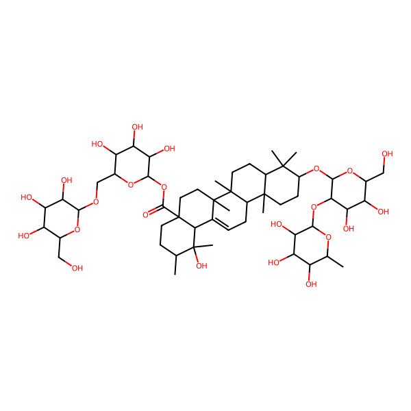 2D Structure of [(2S,3R,4S,5S,6R)-3,4,5-trihydroxy-6-[[(2R,3R,4S,5S,6R)-3,4,5-trihydroxy-6-(hydroxymethyl)oxan-2-yl]oxymethyl]oxan-2-yl] (1R,2R,4aS,6aR,6aS,6bR,8aR,10S,12aR,14bS)-10-[(2R,3R,4S,5S,6R)-4,5-dihydroxy-6-(hydroxymethyl)-3-[(2S,3R,4R,5R,6S)-3,4,5-trihydroxy-6-methyloxan-2-yl]oxyoxan-2-yl]oxy-1-hydroxy-1,2,6a,6b,9,9,12a-heptamethyl-2,3,4,5,6,6a,7,8,8a,10,11,12,13,14b-tetradecahydropicene-4a-carboxylate