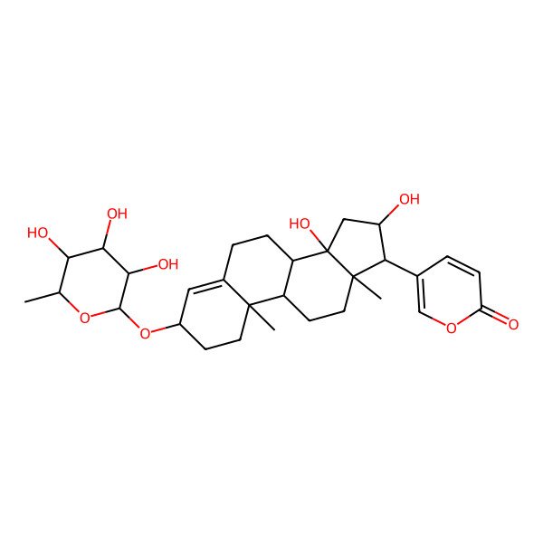 2D Structure of 5-[(3S,8R,9R,10R,13R,14S,16S,17R)-14,16-dihydroxy-10,13-dimethyl-3-[(2R,3R,4R,5R,6S)-3,4,5-trihydroxy-6-methyloxan-2-yl]oxy-1,2,3,6,7,8,9,11,12,15,16,17-dodecahydrocyclopenta[a]phenanthren-17-yl]pyran-2-one