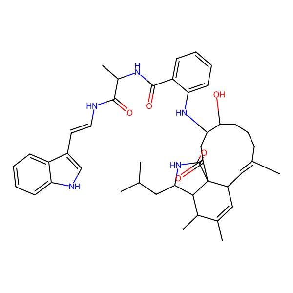 2D Structure of 2-[[5-hydroxy-9,13,14-trimethyl-16-(2-methylpropyl)-2,18-dioxo-17-azatricyclo[9.7.0.01,15]octadeca-9,12-dien-4-yl]amino]-N-[1-[2-(1H-indol-3-yl)ethenylamino]-1-oxopropan-2-yl]benzamide