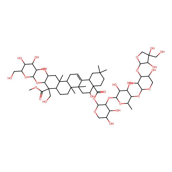 2D Structure of 8a-O-[(2S,3R,4S,5S)-3-[(2S,3R,4S,5R,6S)-5-[(2S,3R,4S,5R)-4-[(2S,3R,4R)-3,4-dihydroxy-4-(hydroxymethyl)oxolan-2-yl]oxy-3,5-dihydroxyoxan-2-yl]oxy-3,4-dihydroxy-6-methyloxan-2-yl]oxy-4,5-dihydroxyoxan-2-yl] 4-O-methyl (2S,3R,4S,4aR,6aR,6bS,8R,8aR,12aS,14aR,14bR)-2,8-dihydroxy-4-(hydroxymethyl)-6a,6b,11,11,14b-pentamethyl-3-[(2R,3R,4S,5S,6R)-3,4,5-trihydroxy-6-(hydroxymethyl)oxan-2-yl]oxy-1,2,3,4a,5,6,7,8,9,10,12,12a,14,14a-tetradecahydropicene-4,8a-dicarboxylate