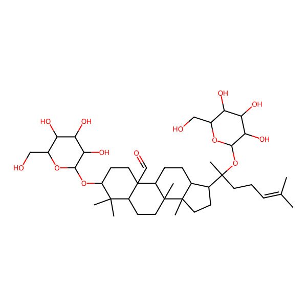 2D Structure of (3S,5S,8R,9S,10S,13R,14R,17S)-4,4,8,14-tetramethyl-17-[(2R)-6-methyl-2-[(2R,3R,4S,5S,6R)-3,4,5-trihydroxy-6-(hydroxymethyl)oxan-2-yl]oxyhept-5-en-2-yl]-3-[(2R,3R,4S,5S,6R)-3,4,5-trihydroxy-6-(hydroxymethyl)oxan-2-yl]oxy-2,3,5,6,7,9,11,12,13,15,16,17-dodecahydro-1H-cyclopenta[a]phenanthrene-10-carbaldehyde