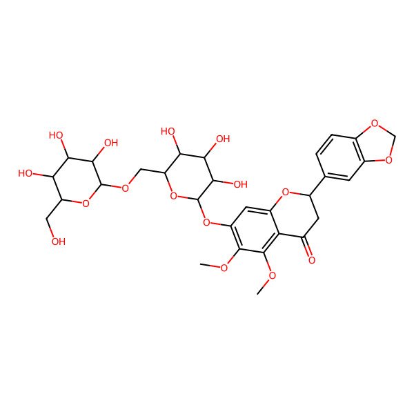 2D Structure of (2S)-2-(1,3-benzodioxol-5-yl)-5,6-dimethoxy-7-[(2S,3R,4S,5S,6R)-3,4,5-trihydroxy-6-[[(2R,3R,4S,5S,6R)-3,4,5-trihydroxy-6-(hydroxymethyl)oxan-2-yl]oxymethyl]oxan-2-yl]oxy-2,3-dihydrochromen-4-one