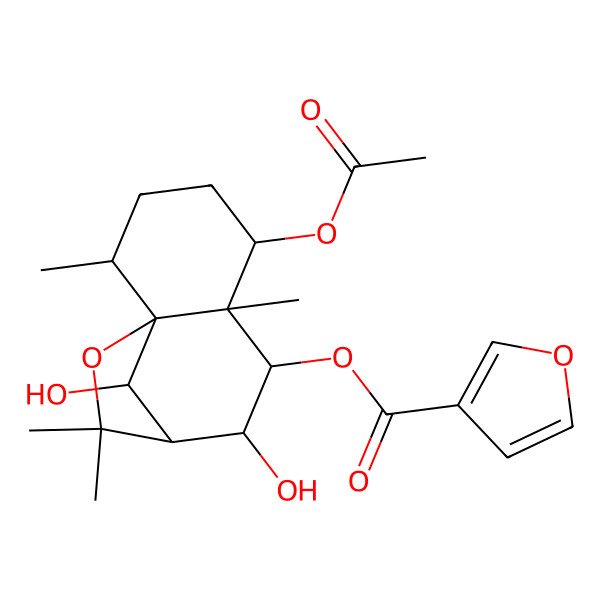 2D Structure of (5-Acetyloxy-8,12-dihydroxy-2,6,10,10-tetramethyl-11-oxatricyclo[7.2.1.01,6]dodecan-7-yl) furan-3-carboxylate