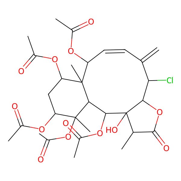2D Structure of (2,12,16,17-Tetraacetyloxy-8-chloro-3-hydroxy-4,13,17-trimethyl-9-methylidene-5-oxo-6-oxatricyclo[11.4.0.03,7]heptadec-10-en-14-yl) acetate