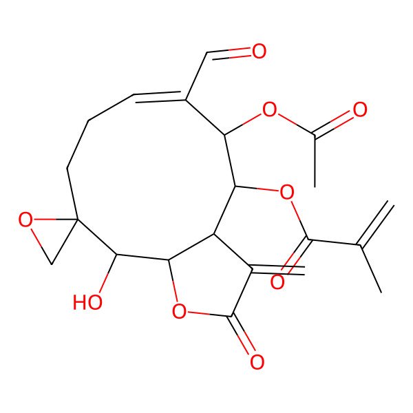 2D Structure of (5-acetyloxy-6-formyl-11-hydroxy-3-methylidene-2-oxospiro[4,5,8,9,11,11a-hexahydro-3aH-cyclodeca[b]furan-10,2'-oxirane]-4-yl) 2-methylprop-2-enoate