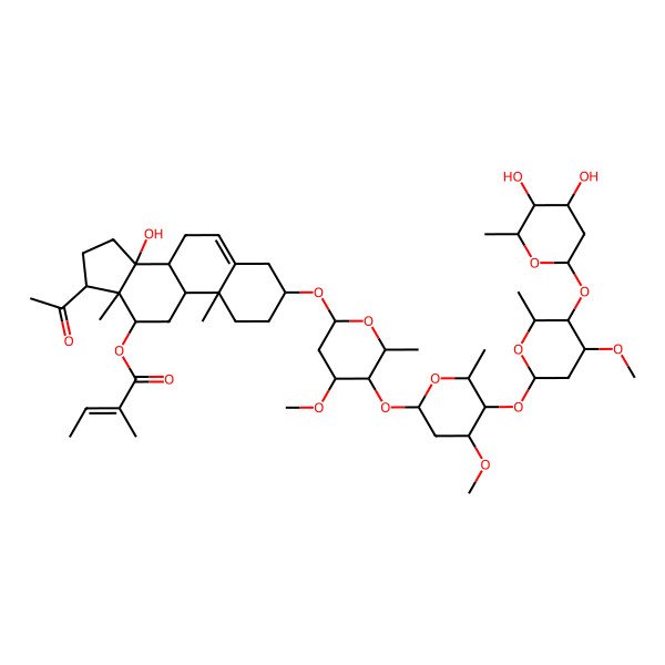 2D Structure of [17-Acetyl-3-[5-[5-[5-(4,5-dihydroxy-6-methyloxan-2-yl)oxy-4-methoxy-6-methyloxan-2-yl]oxy-4-methoxy-6-methyloxan-2-yl]oxy-4-methoxy-6-methyloxan-2-yl]oxy-14-hydroxy-10,13-dimethyl-1,2,3,4,7,8,9,11,12,15,16,17-dodecahydrocyclopenta[a]phenanthren-12-yl] 2-methylbut-2-enoate
