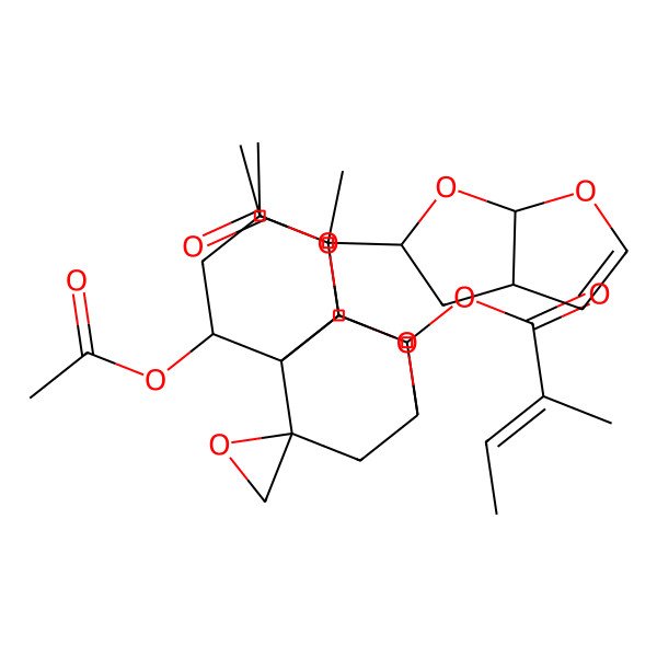 2D Structure of [(1R,2S,4R,5S,6R,7S,8S,10R,11R)-5-[(3aS,5S,6aS)-3a,4,5,6a-tetrahydrofuro[2,3-b]furan-5-yl]-2,10-diacetyloxy-4,5-dimethylspiro[9-oxatricyclo[6.2.2.01,6]dodecane-11,2'-oxirane]-7-yl] (E)-2-methylbut-2-enoate