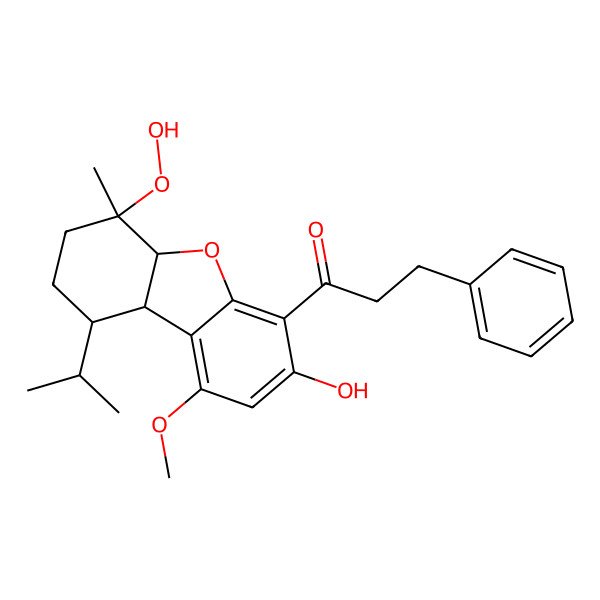 2D Structure of 1-[(5aR,6S,9R,9aS)-6-hydroperoxy-3-hydroxy-1-methoxy-6-methyl-9-propan-2-yl-7,8,9,9a-tetrahydro-5aH-dibenzofuran-4-yl]-3-phenylpropan-1-one